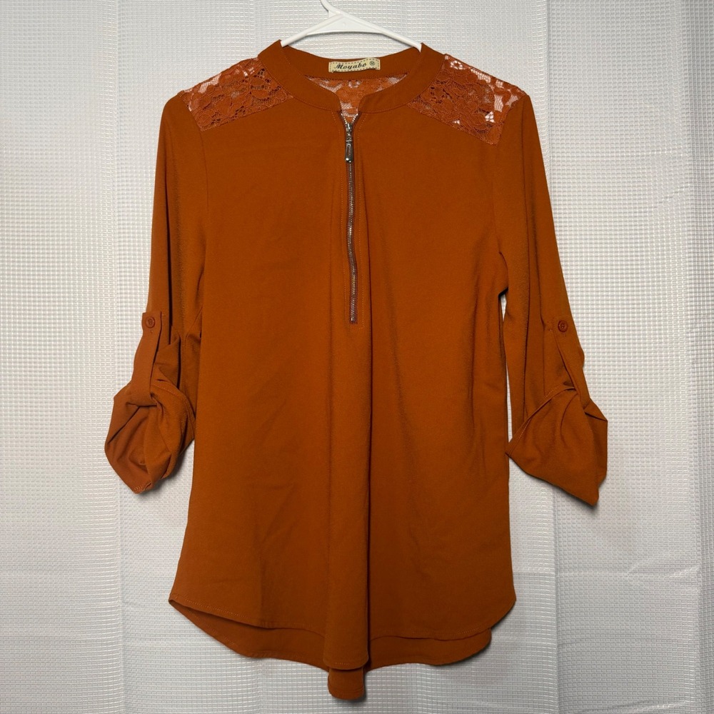 Moyabo Blouse Chiffon Lace‎ Yoke Zip Front Roll Tab Sleeve Boho Workwear